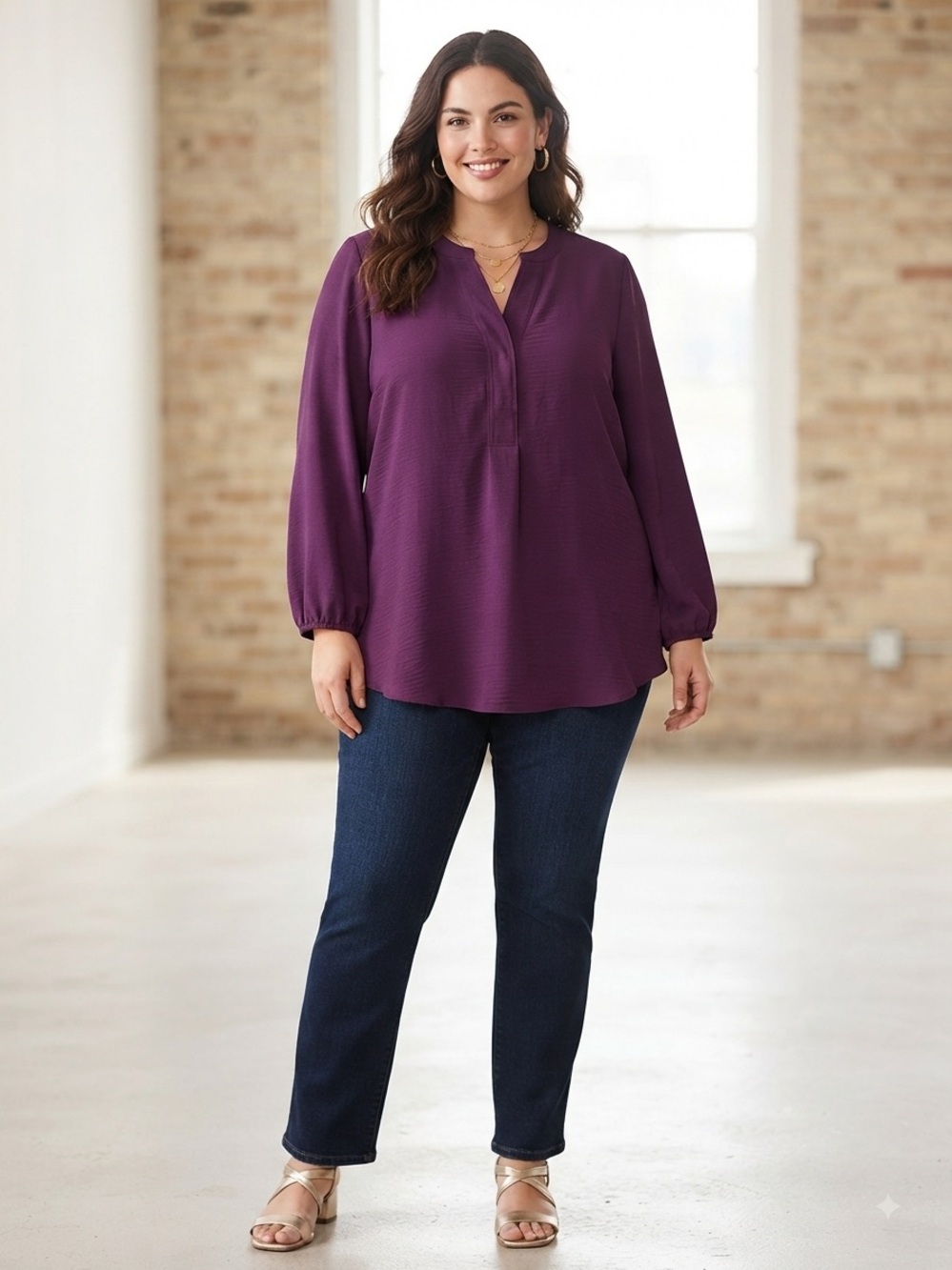 Women's Plum Split-Neck Long Sleeve Blouse